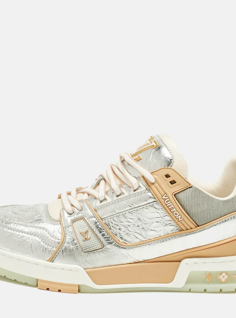 Louis Vuitton LV Trainer Size 42 Silver/Orange Monogram Leather Low Top Sneakers