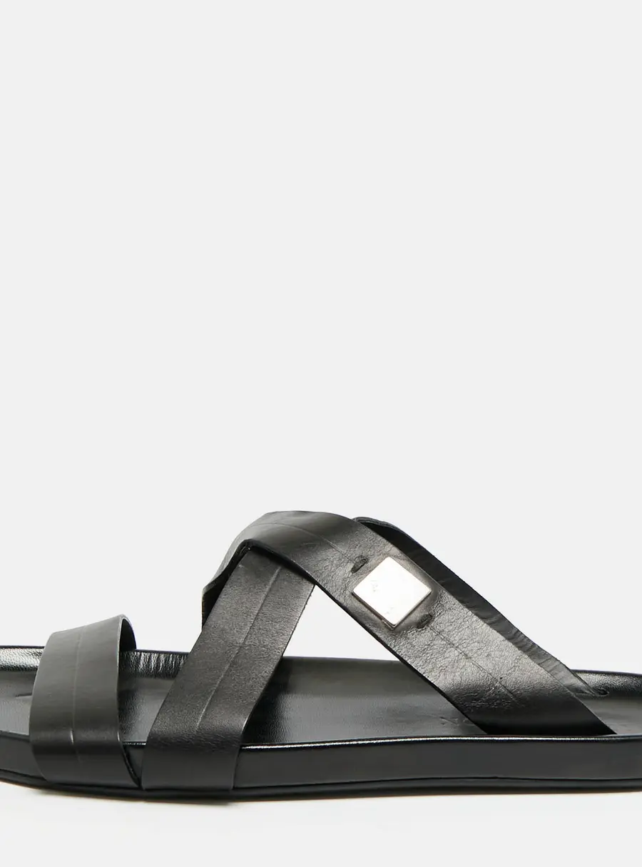 Louis Vuitton Size 44.5 Black Leather Criss Cross Strap Flat Slide