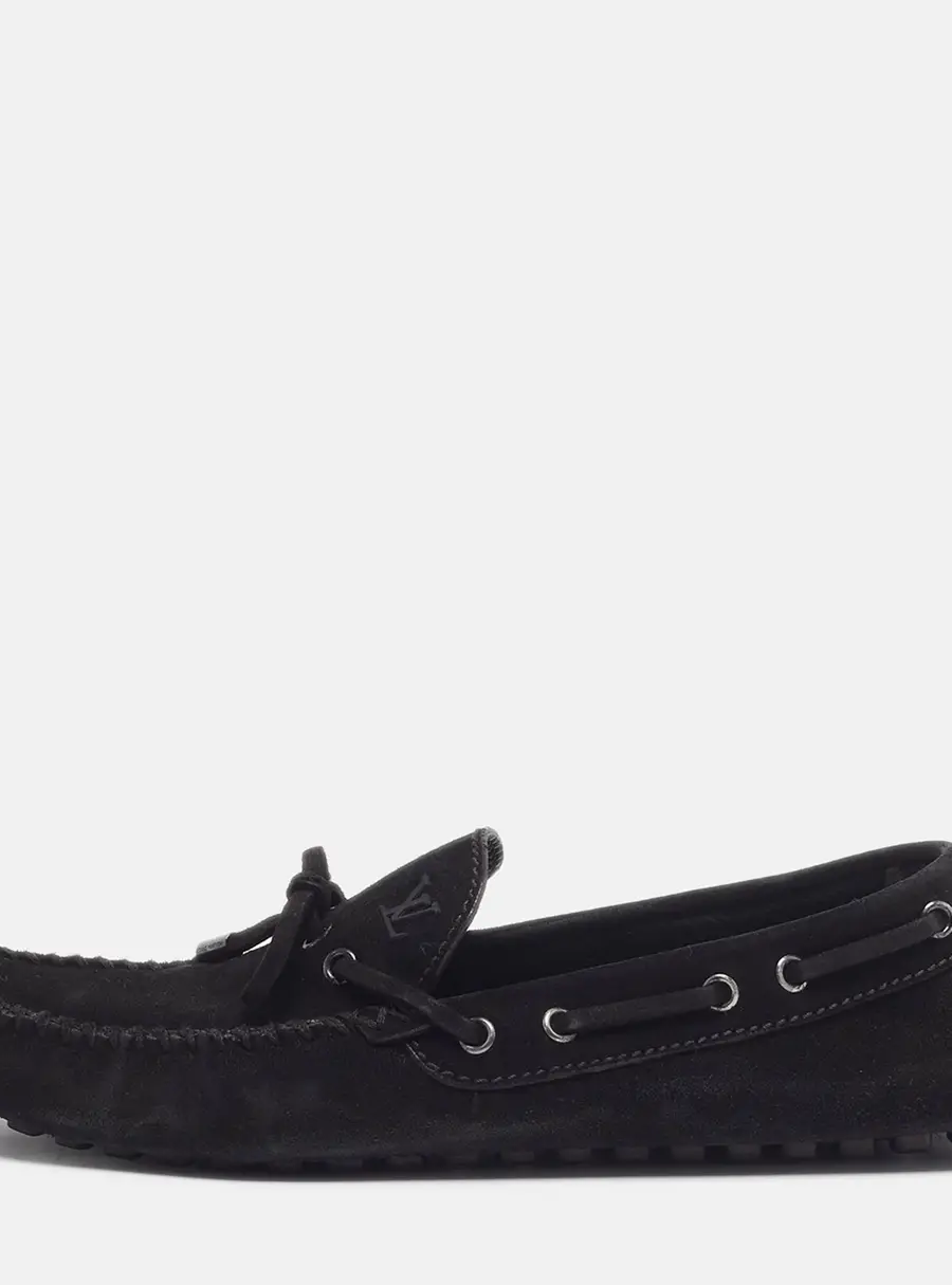 Louis Vuitton LV Size 41.5 Black Suede Bow Slip On Loafers