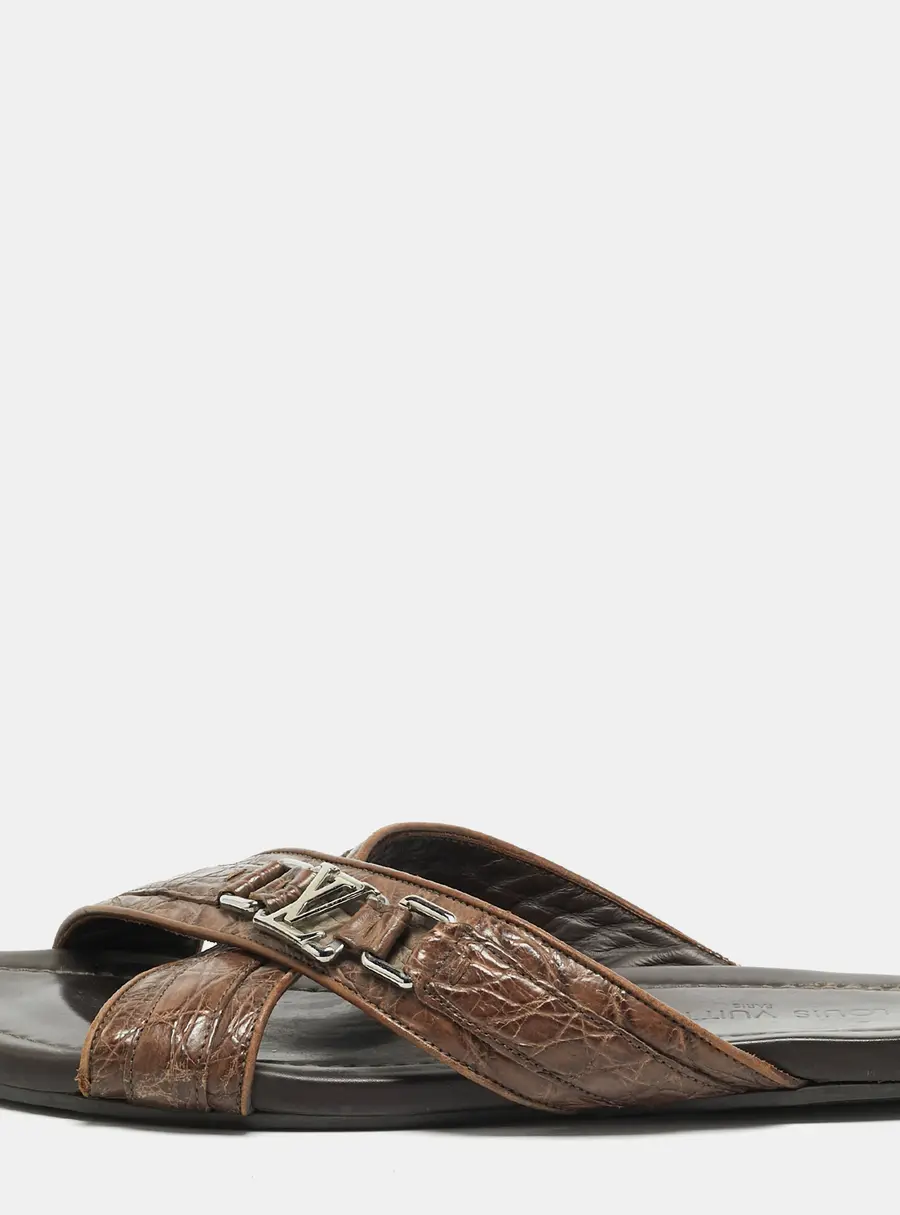 Louis Vuitton Size 44.5 Brown Crocodile Leather Criss Cross Flat Sandals