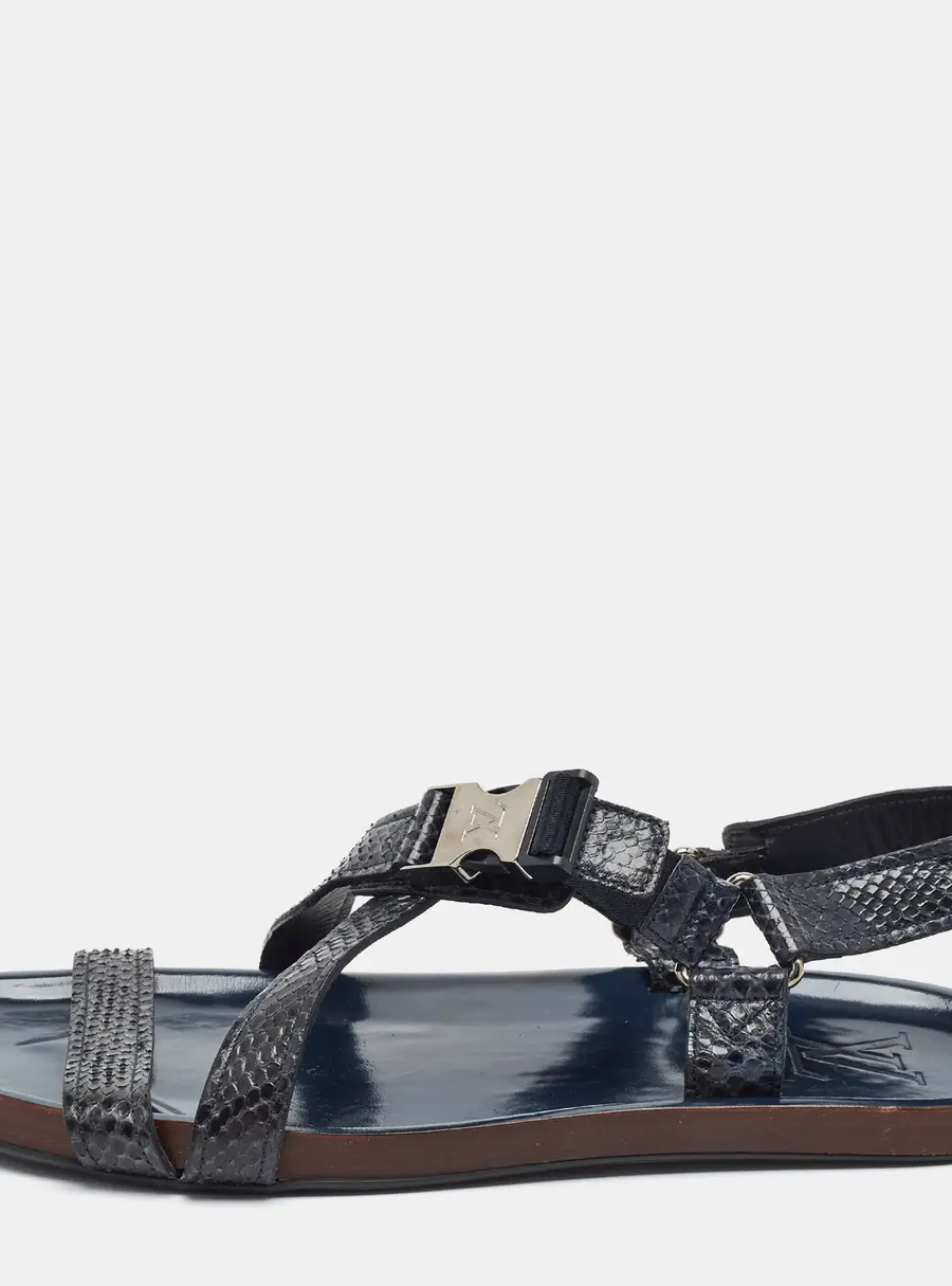 Louis Vuitton Size 42.5 Navy Blue Python Leather LV Logo Criss Cross Flat Slingback Sandals