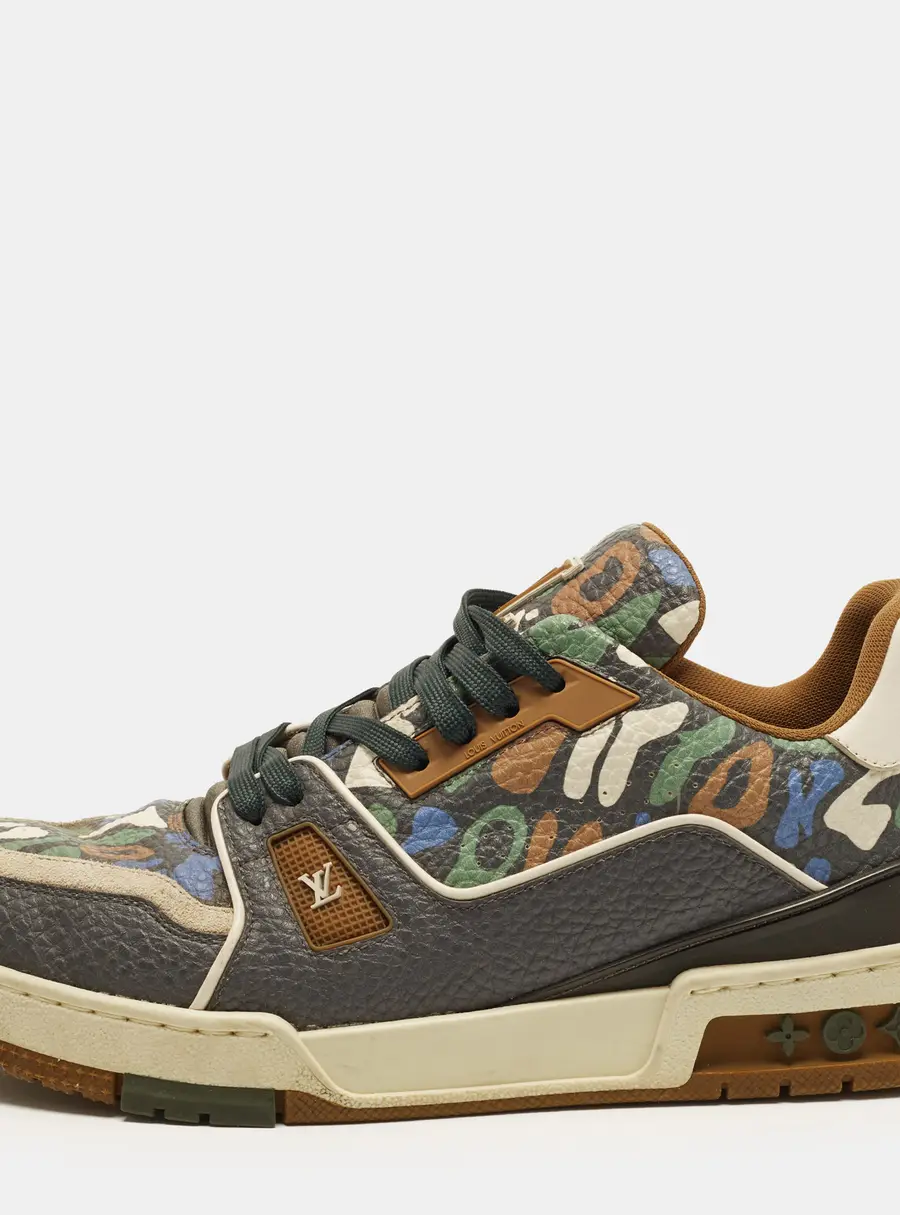 Louis Vuitton LV Trainer Size 41.5 Multicolor Khaki Camo Leather Lace Up Sneakers