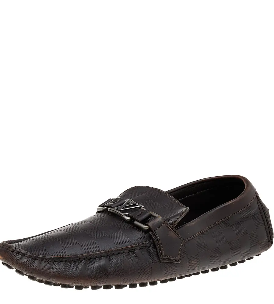 Louis Vuitton Dark Brown Damier Embossed Leather Hockenheim Slip On Loafers Size 43.5