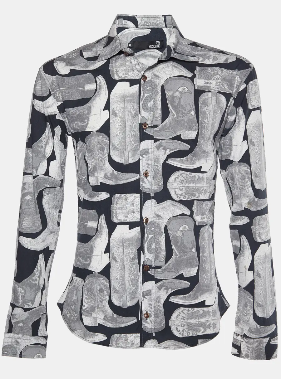 Love Moschino Grey Boots Print Poplin Shirt XL