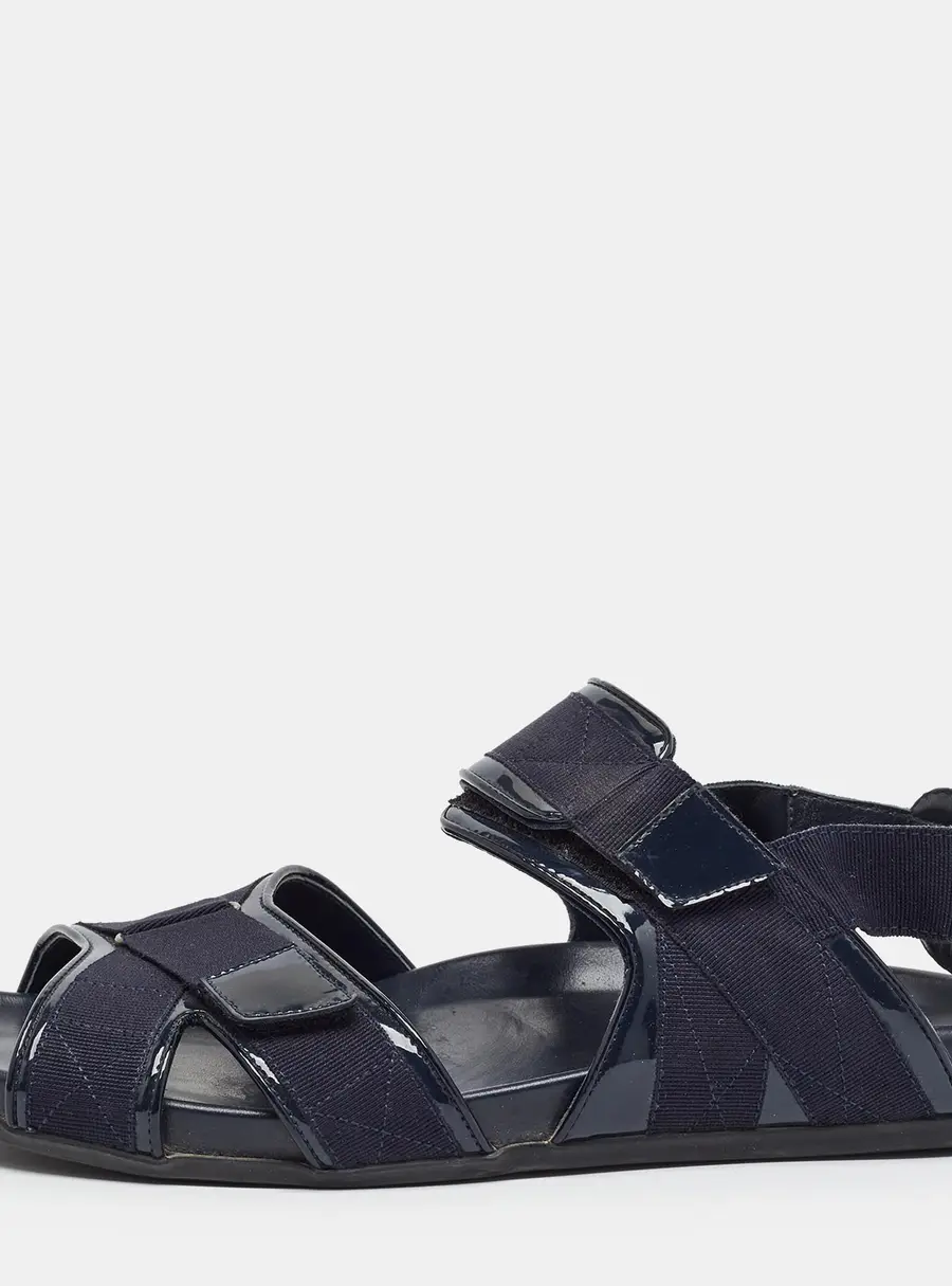 Manolo Blahnik Size 43 Navy Blue Canvas and Patent Leather Flat Sandals