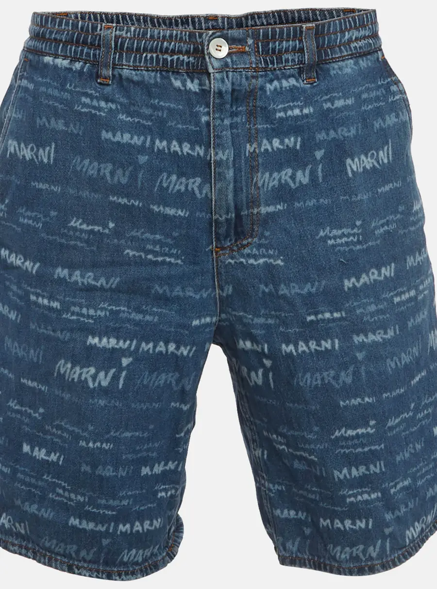 Marni Blue Logo Print Denim Drawstring Shorts M