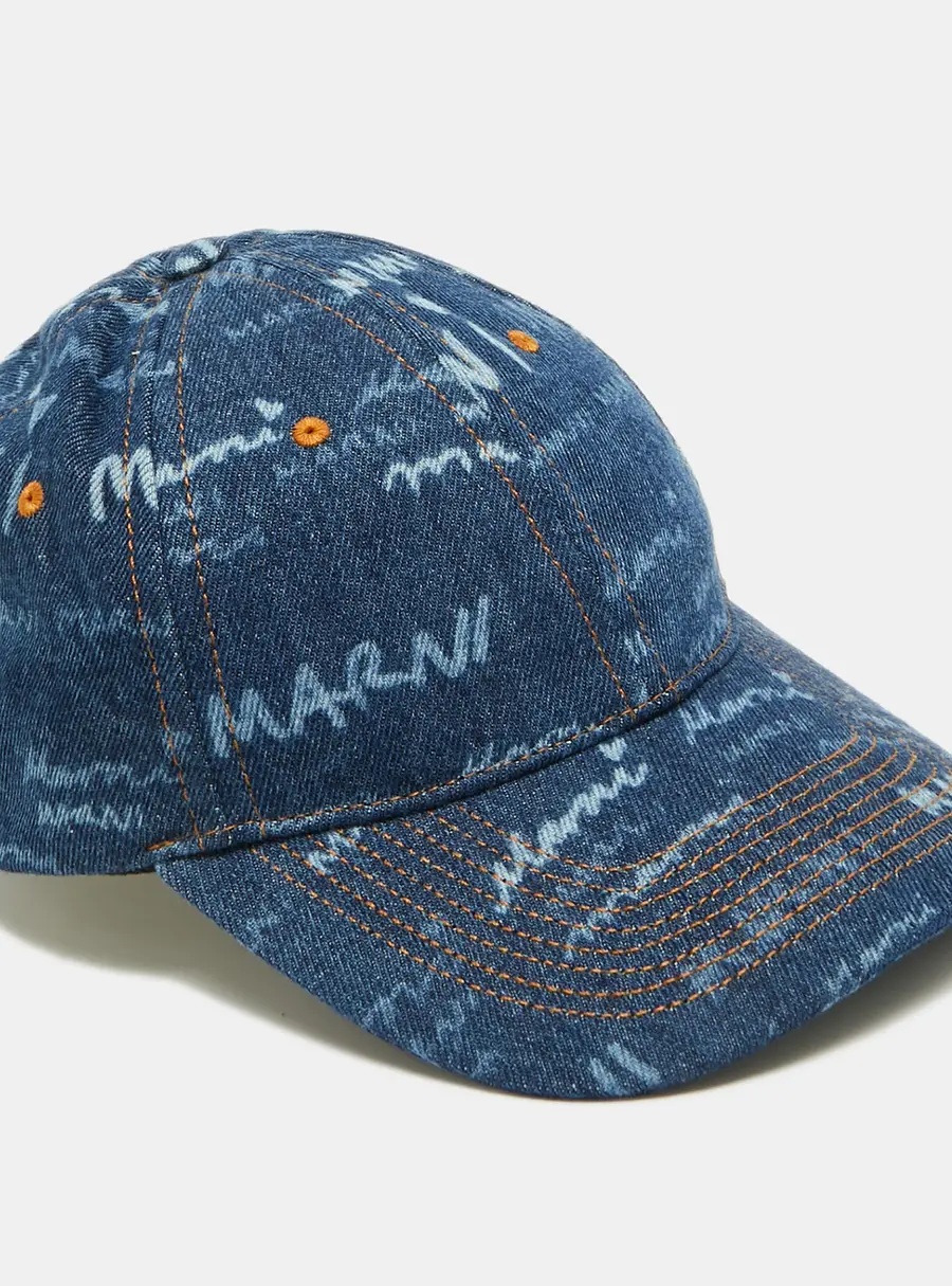 Marni Blue Denim All-Over Logo Print Megamarni Baseball Cap S