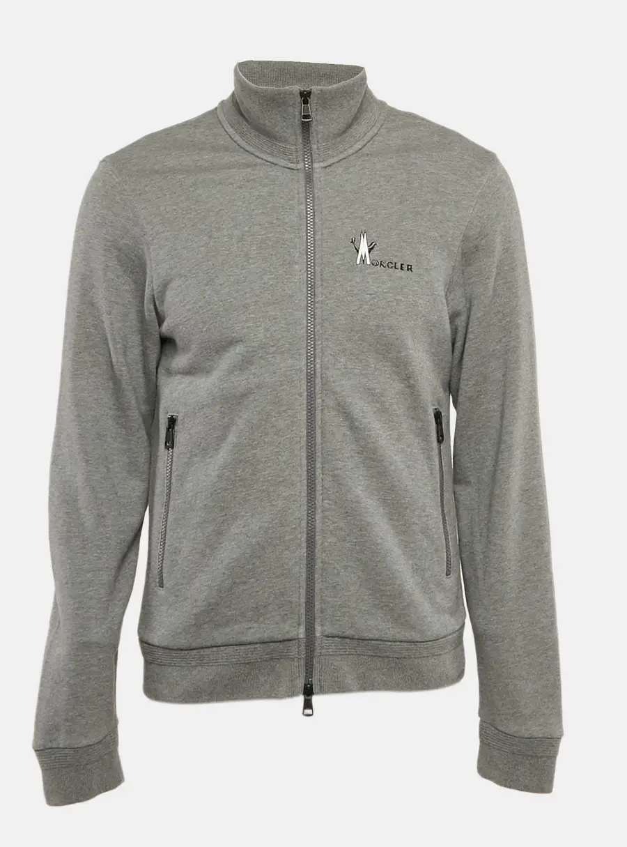 Moncler Grey Logo Print Cotton Knit Zip-Up Jacket M