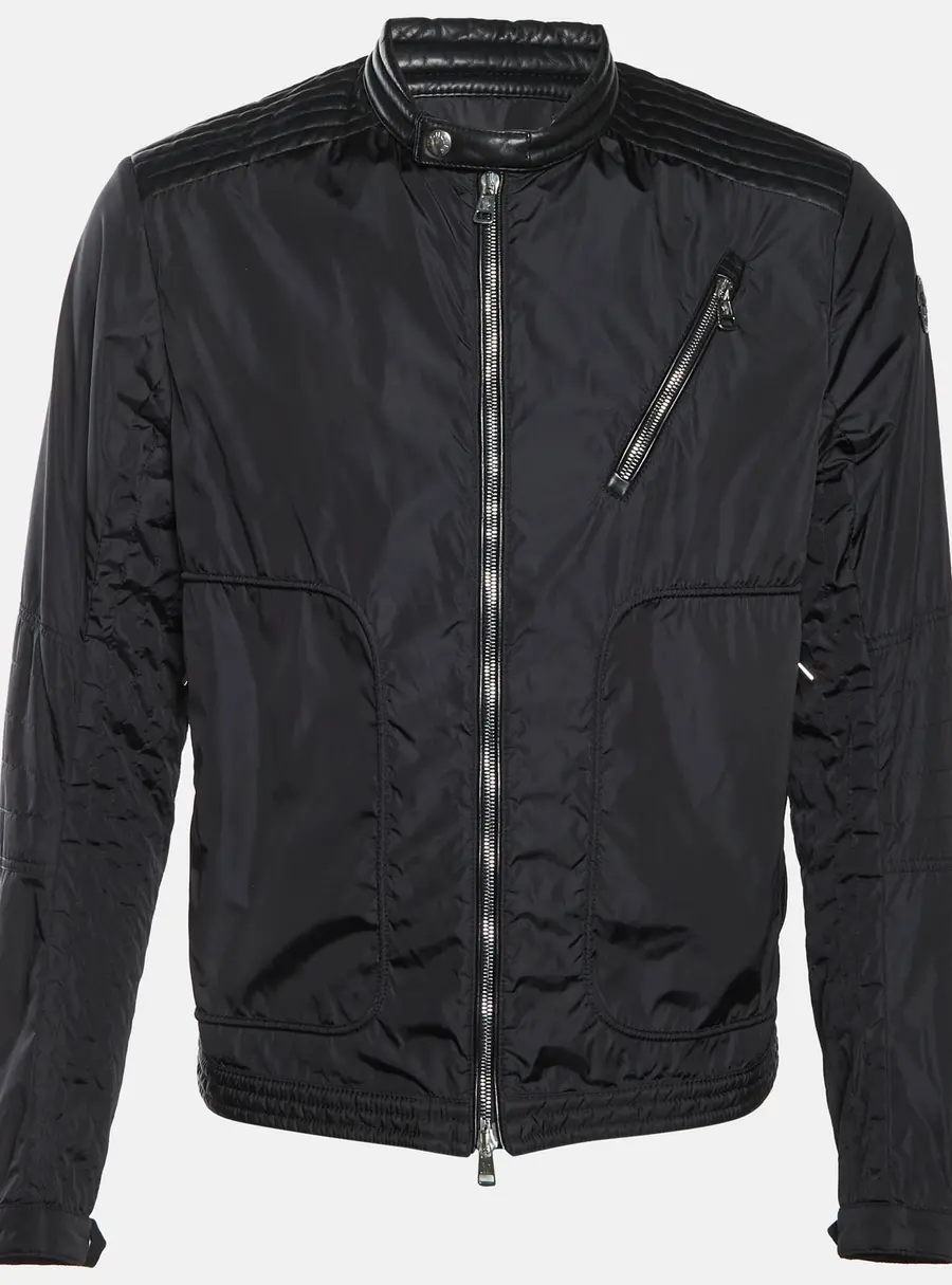 Moncler Black Nylon Leather Trim Bomber Erik Jacket L