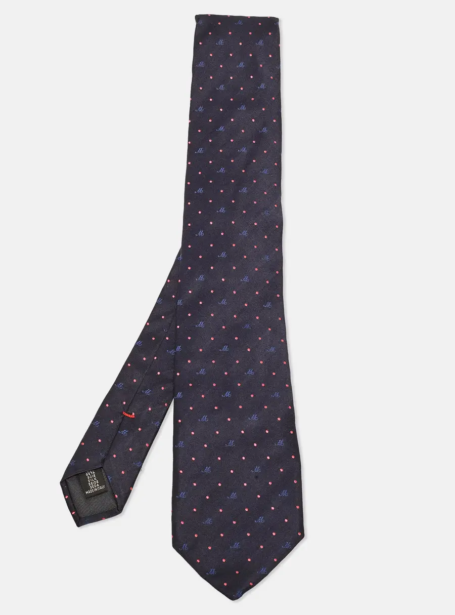 Moschino Navy Blue Monogram Polka Dot Silk Jacquard Classic Tie