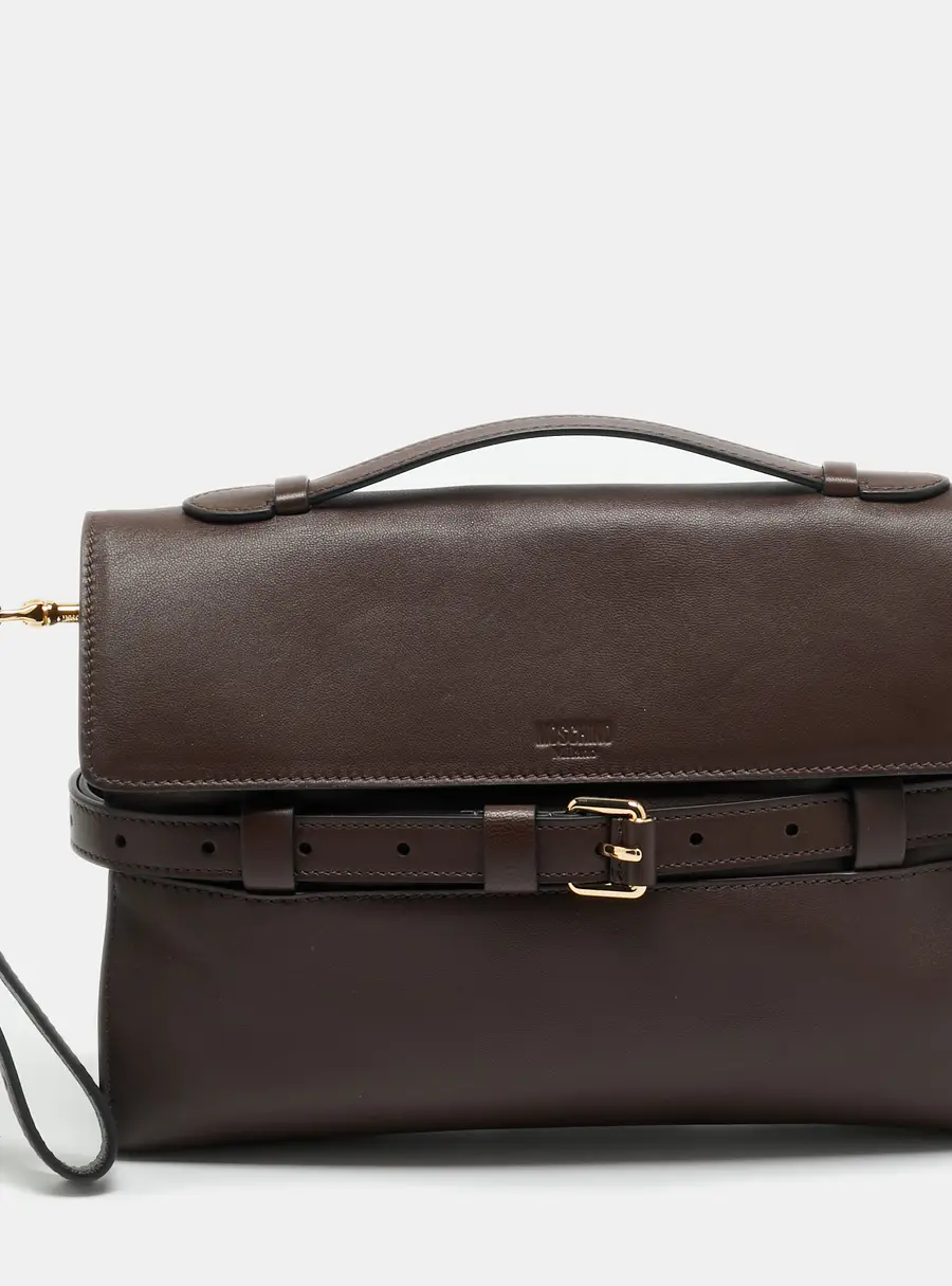 Moschino Tie Me Small Brown Leather Top Handle Bag
