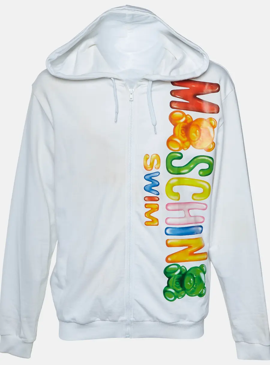 Moschino Swim White Logo Print Cotton Jersey Zip Up Hoodie XL