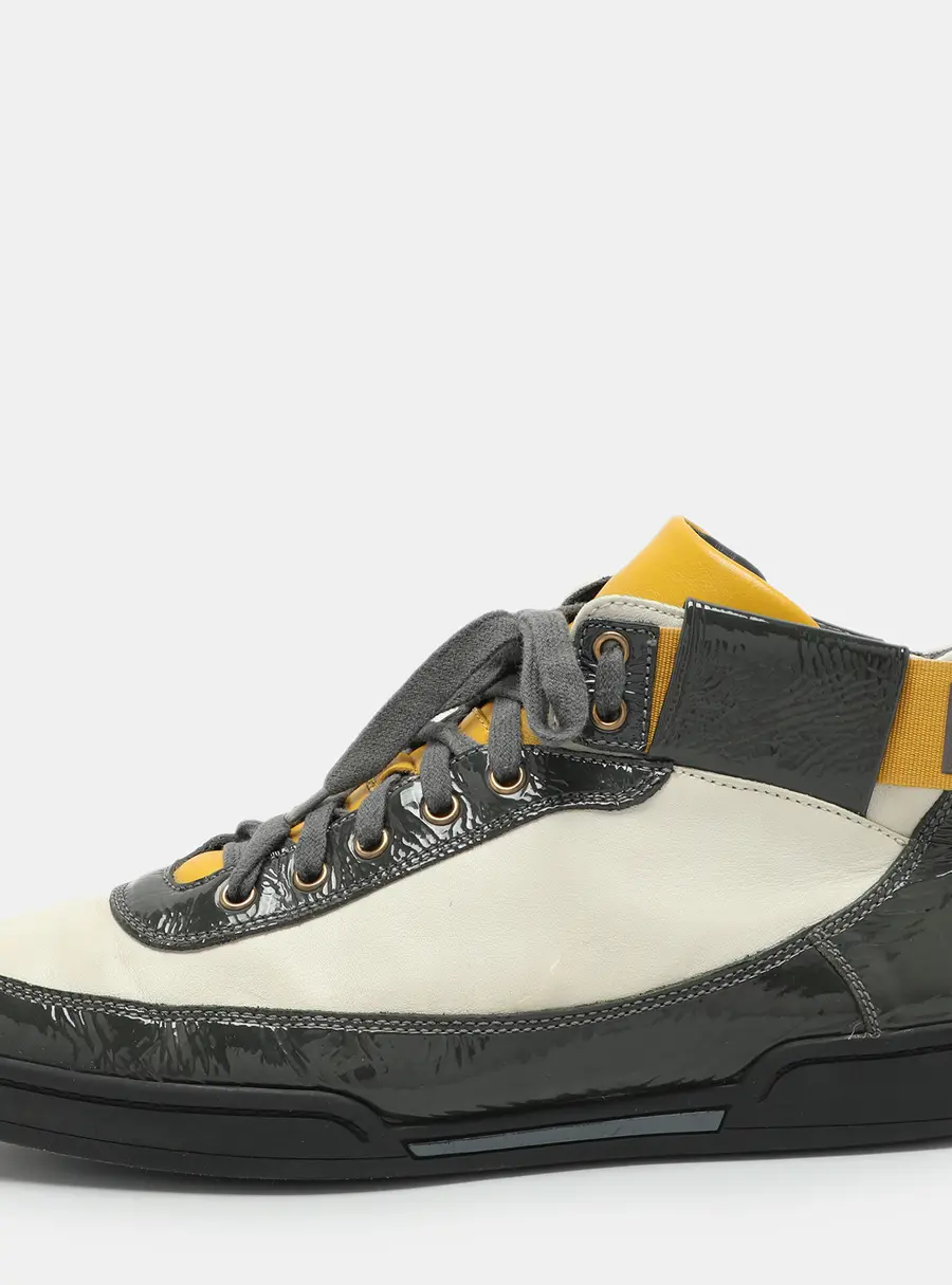 Moschino Size 44 Grey Leather and Patent Leather High Top Sneakers