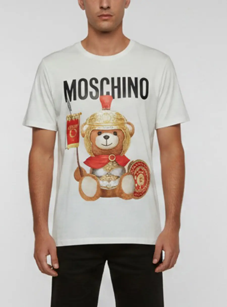 Moschino Couture White Roman Gladiator Teddy Bear Print Jersey Crewneck T-shirt L