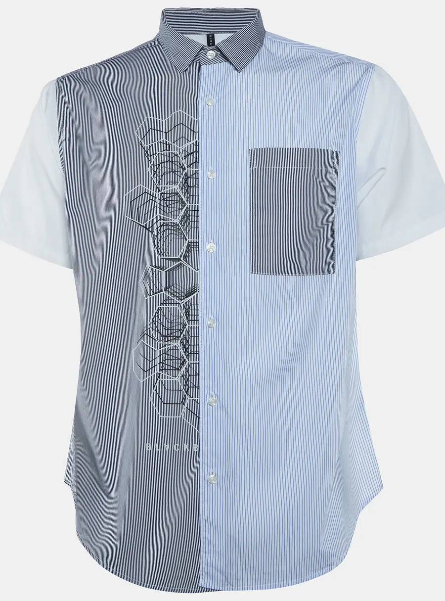 Black Barett by Neil Barrett White Striped Cotton Paneled Short Sleeve Shirt S