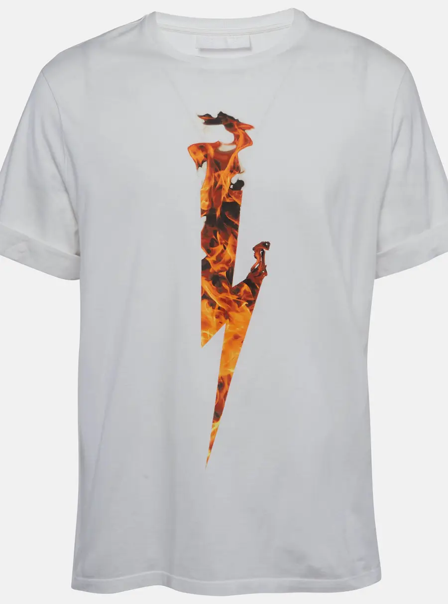 Neil Barrett White Flame Thunderbolt Print Cotton Rolled Up T-Shirt M