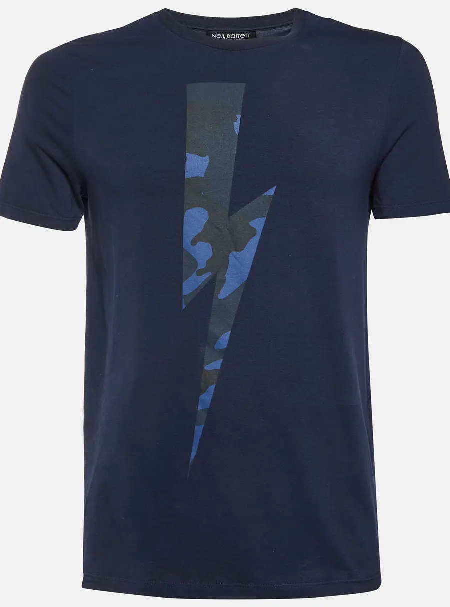 Neil Barrett Navy Blue Lightning Bolt Print Cotton Crew Neck T-Shirt S