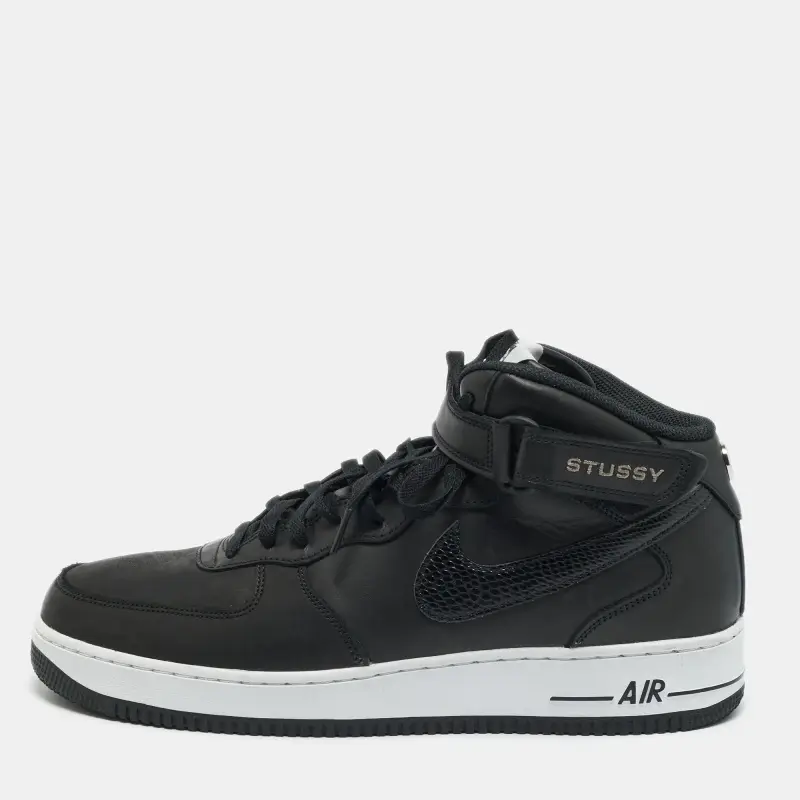 Nike Air Force 1 Stussy Size 47.5 Black Snakeskin Embossed and Leather Mid Top Sneakers