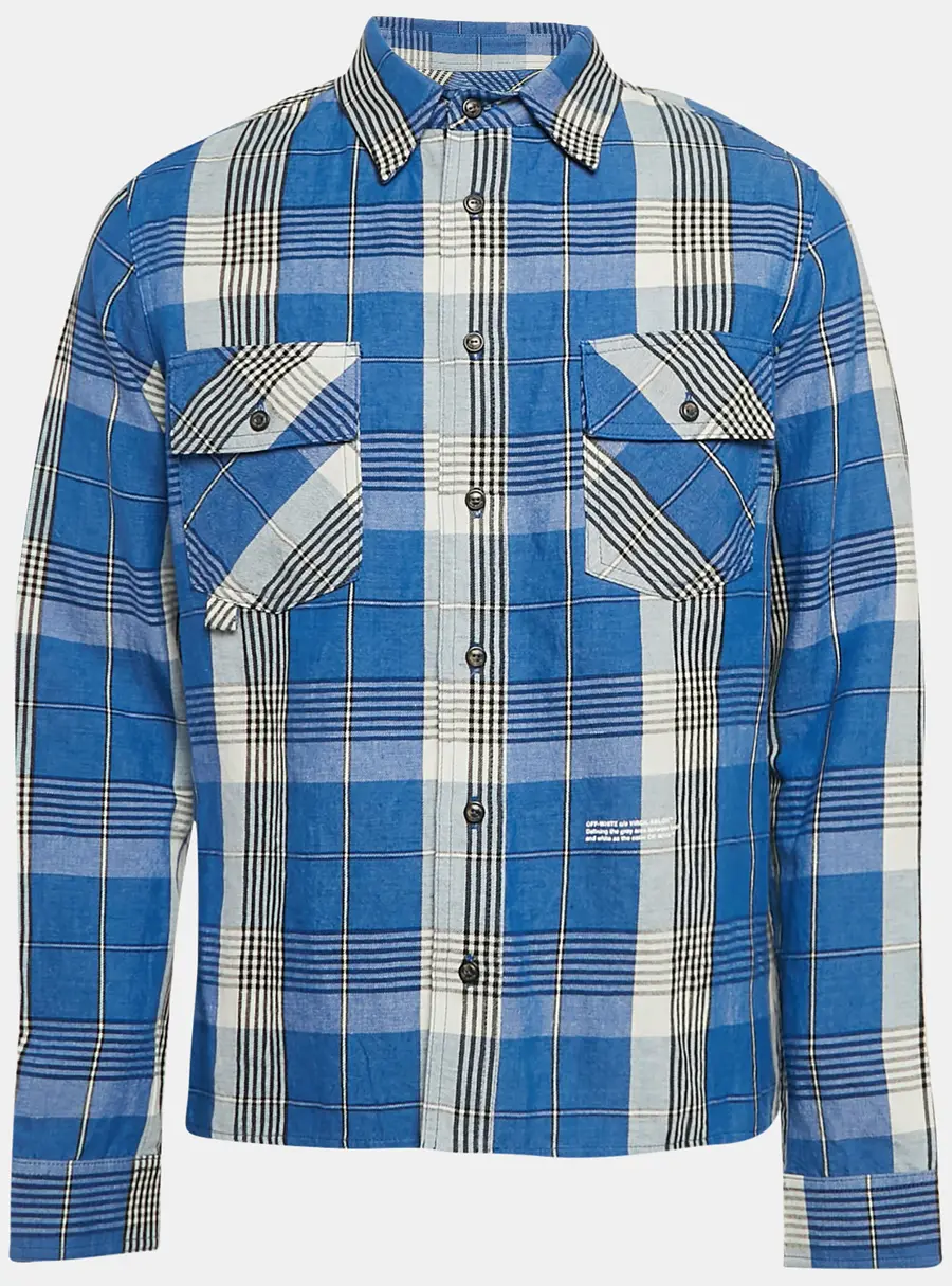 Off-White Blue Tartan Check Linen Blend Long Sleeve Shirt S
