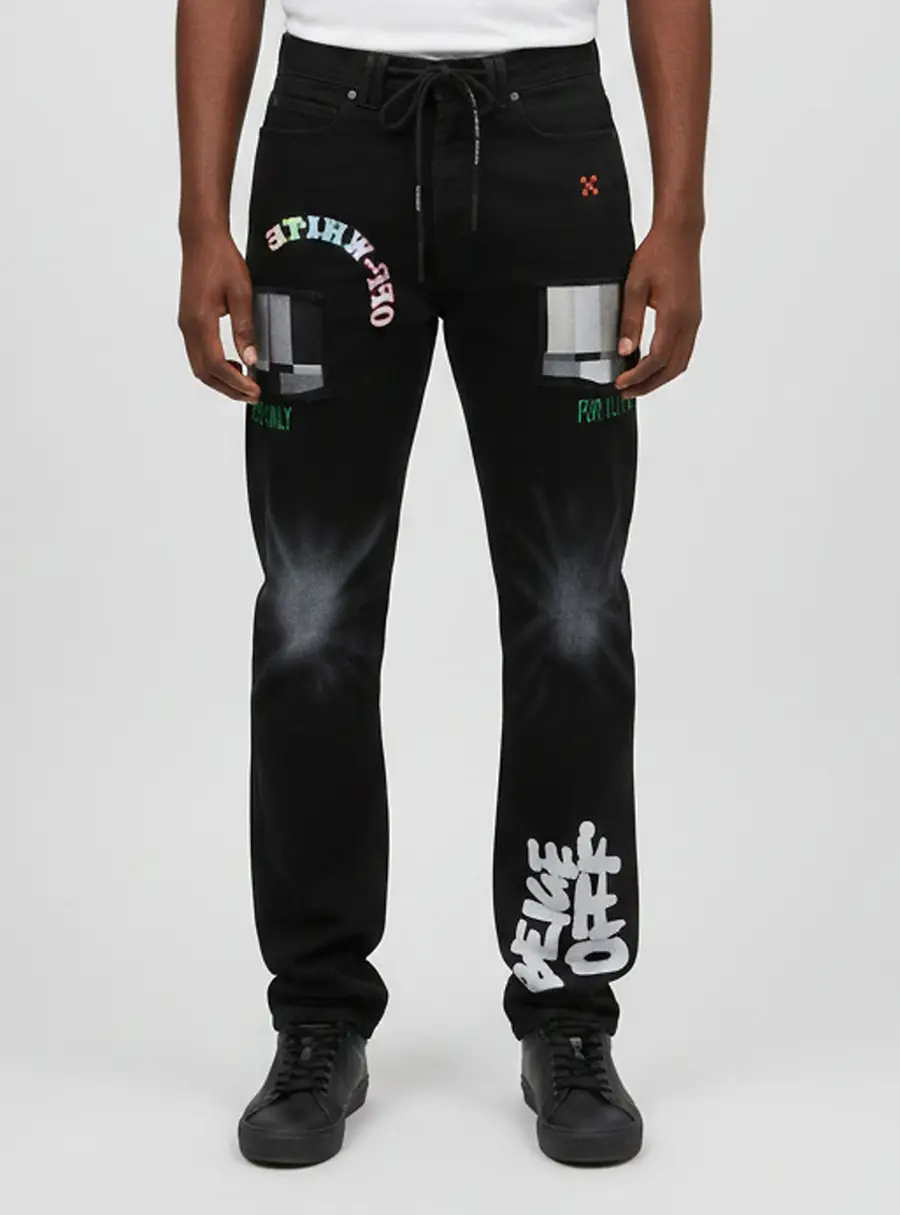 Off-White X Ev Bravado Black Embroidered Denim Relaxed Fit Jeans S/Waist 30"