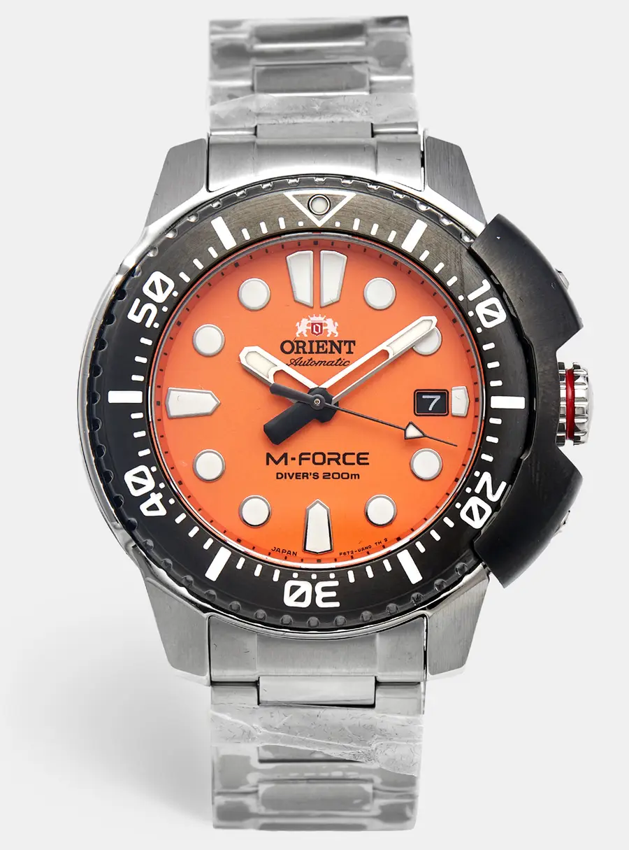 Orient M-Force RA-AC0L08Y00B Orange Dial Stainless Steel Men's Wristwatch 45 mm