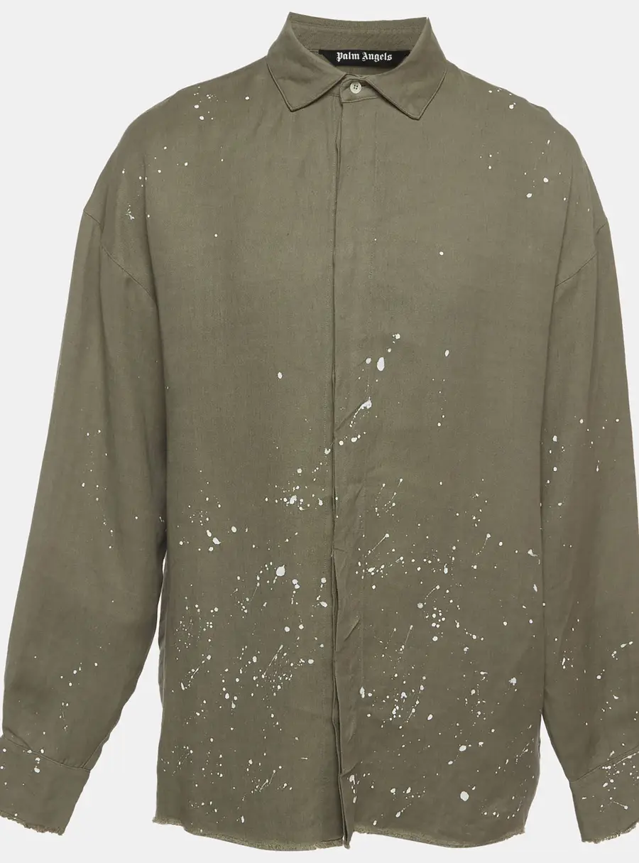 Palm Angels Olive Green Logo Print Linen Paint Splatter Shirt L