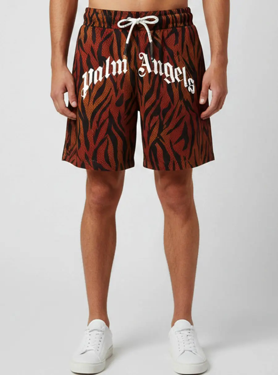 Palm Angels Brown Logo Tiger Print Mesh Shorts XL