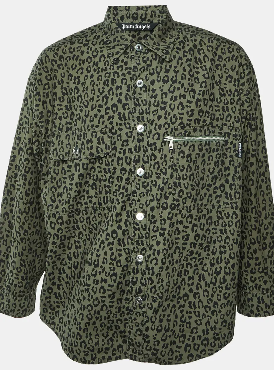 Palm Angels Green Logo Leopard Print Cotton Long Sleeve Shirt M