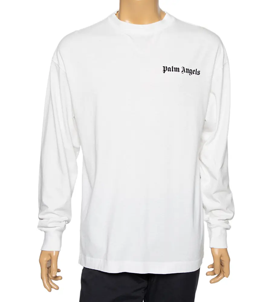 Palm Angels White Cotton Logo Printed Detail Long Sleeve Crewneck T-Shirt L