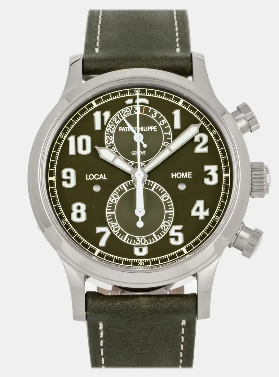 Patek Philippe Complications Calatrava Pilot Travel Time Chronograph 5924G-010 Green 18K White Gold Automatic Men's Wristwatch 42MM