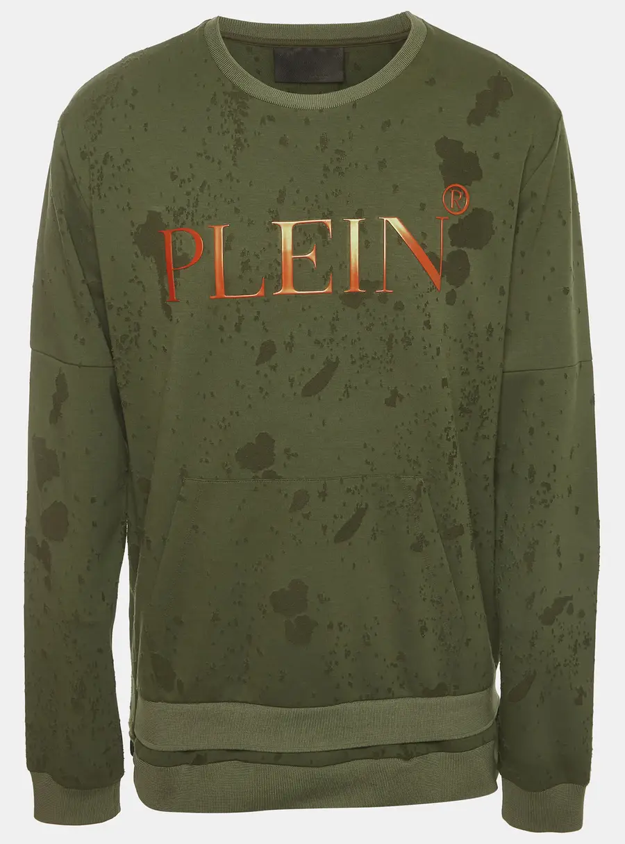 Philipp Plein Homme Green Side Zip Jersey Distressed Sweatshirt XXL