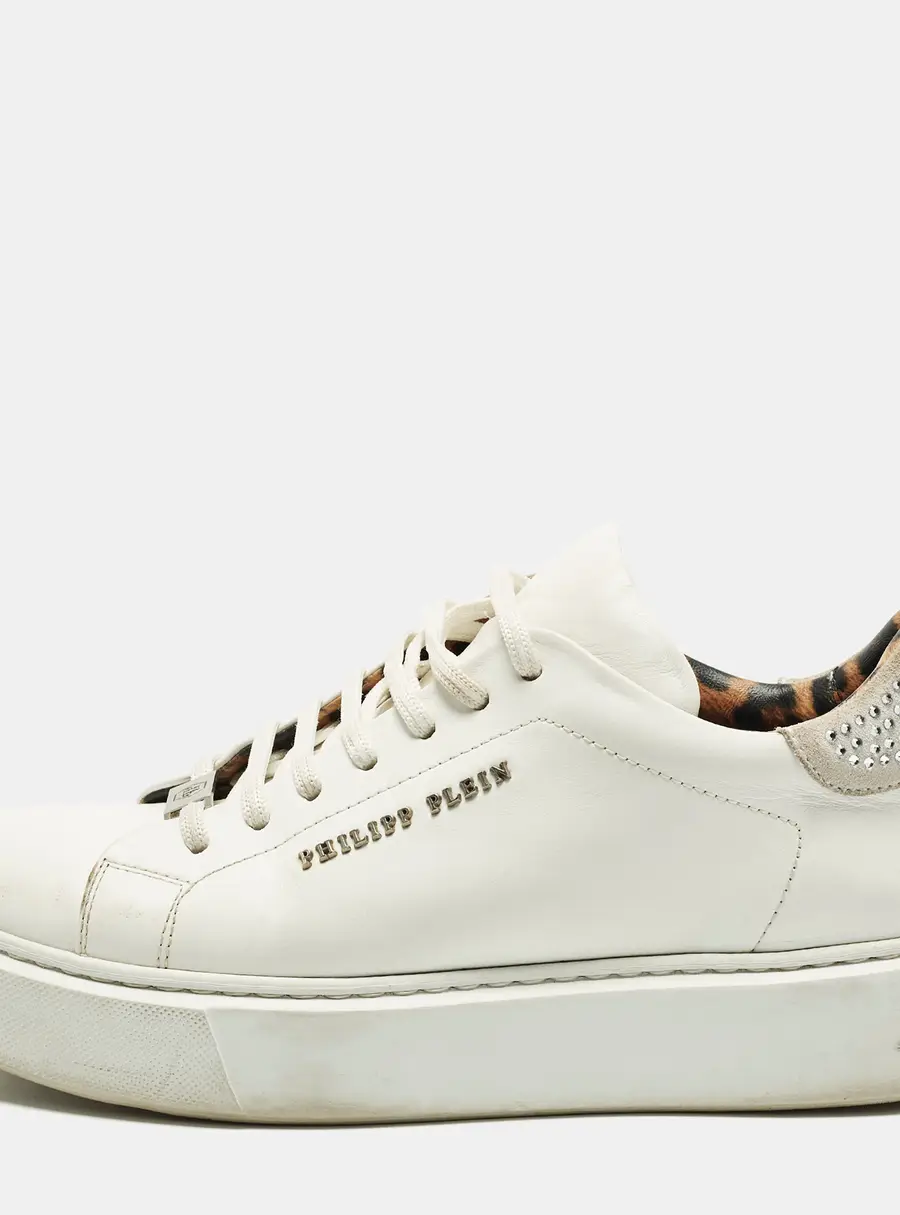 Philipp Plein Trainer Size 40 White Leather and Suede Crystal Embellished Lace Up Sneakers