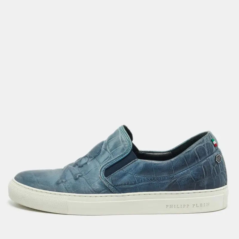 Philipp Plein Skull Size 41 Blue Croc Embossed Leather Slip On Sneakers