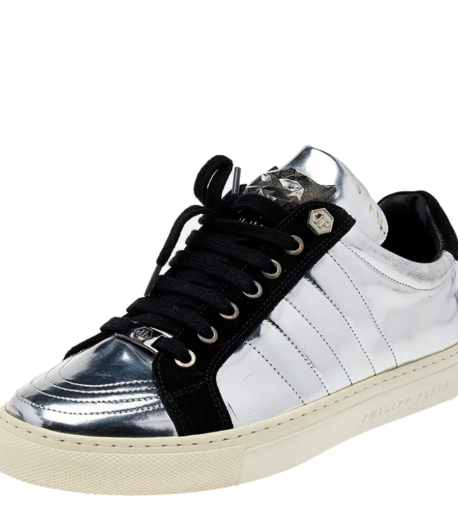 Philipp Plein Silver /Black Leather And Suede Low Top Sneakers Size 41