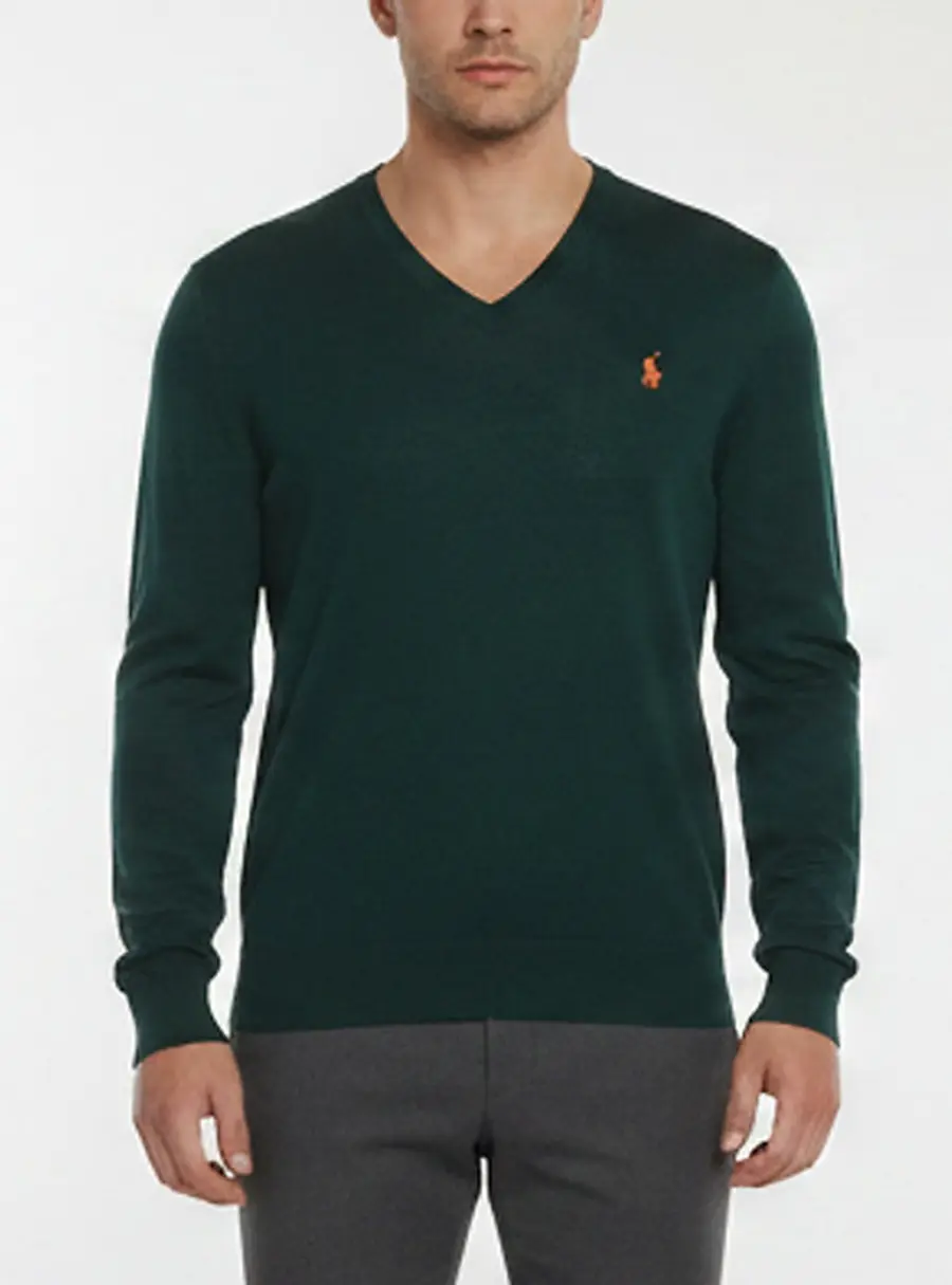 Polo Ralph Lauren Green Wool Knit V-Neck Slim Fit Pullover M