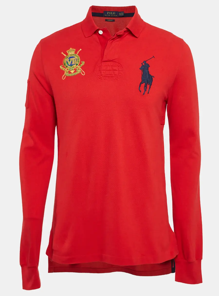 Polo Ralph Lauren Red Embroidered Pique Cotton Long Sleeve Polo T-Shirt M