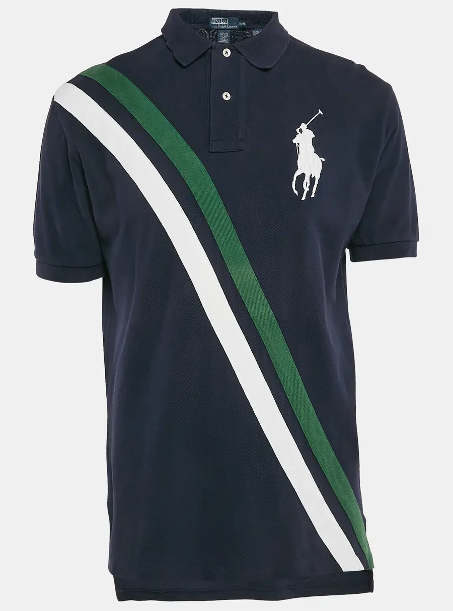 Polo Ralph Lauren Navy Blue Diagonal Stripe Pique Cotton Polo T-Shirt M