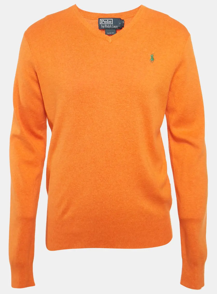 Polo Ralph Lauren Orange Cotton Knit V-Neck Sweater M