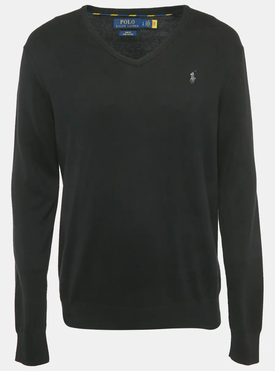 Polo Ralph Lauren Black Logo Embroidered Cotton V-Neck Sweater L