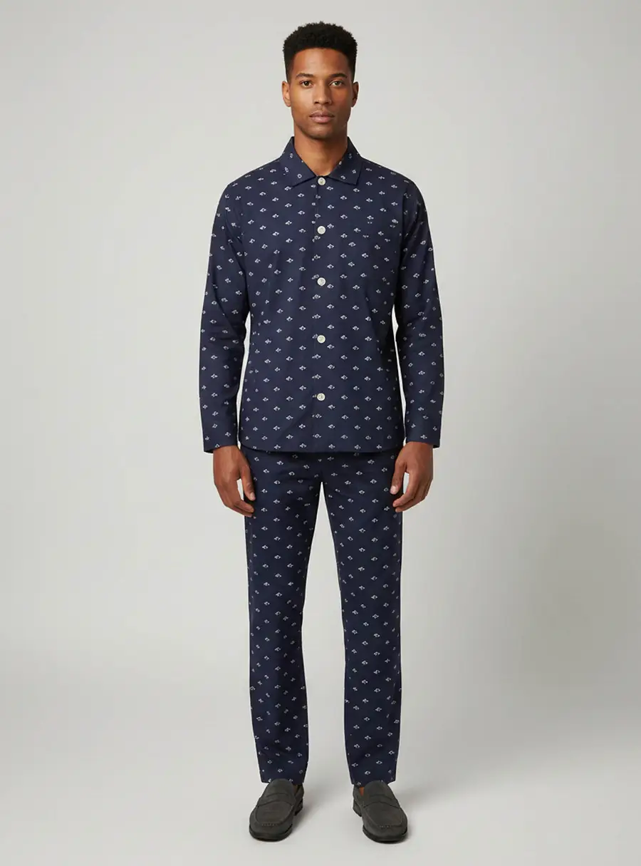 Polo Ralph Lauren Navy Blue All Over Logo Print Cotton Shirt & Pyjama Set S