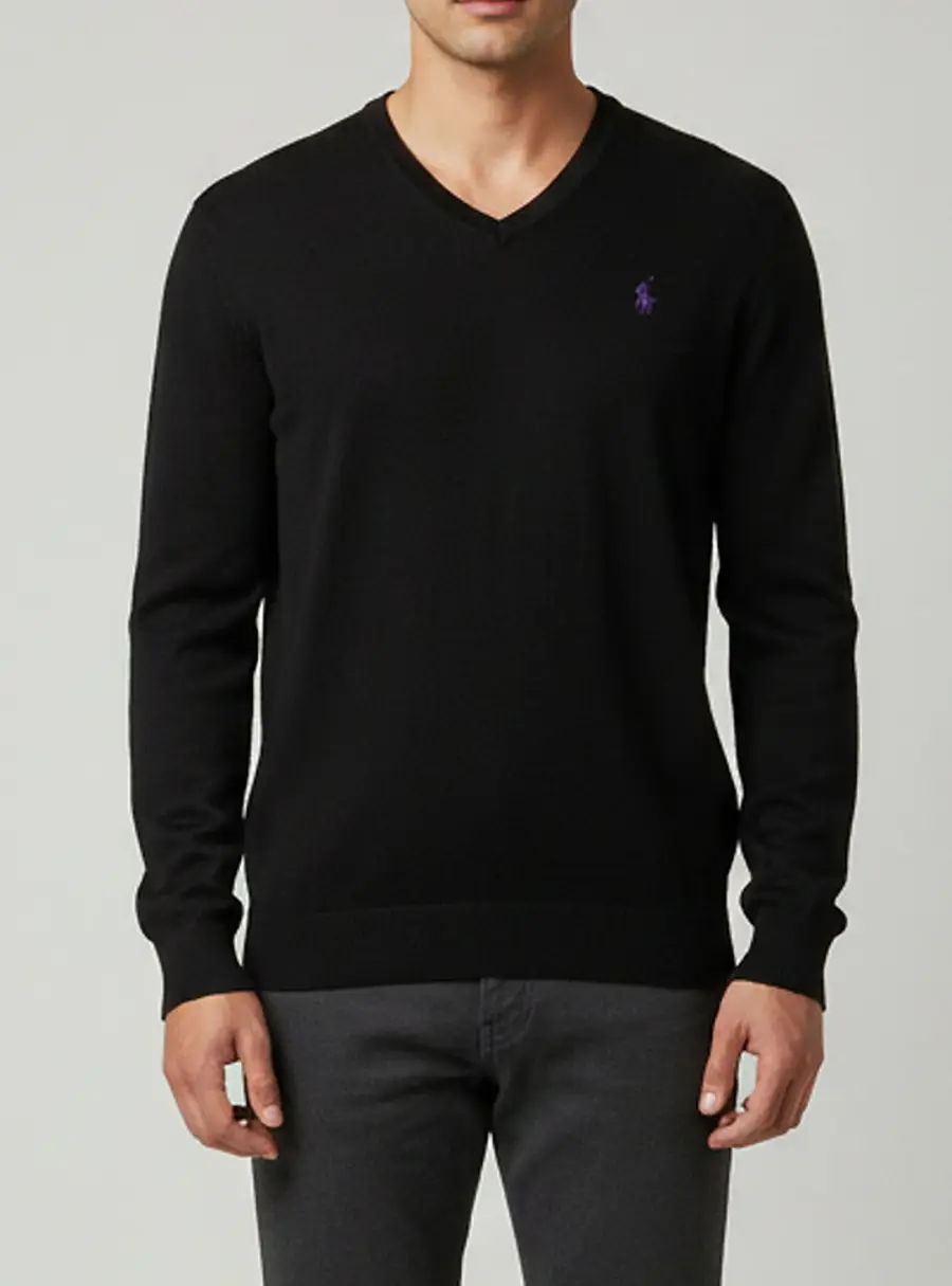 Polo Ralph Lauren Black Logo Embroidered V-Neck Pullover M