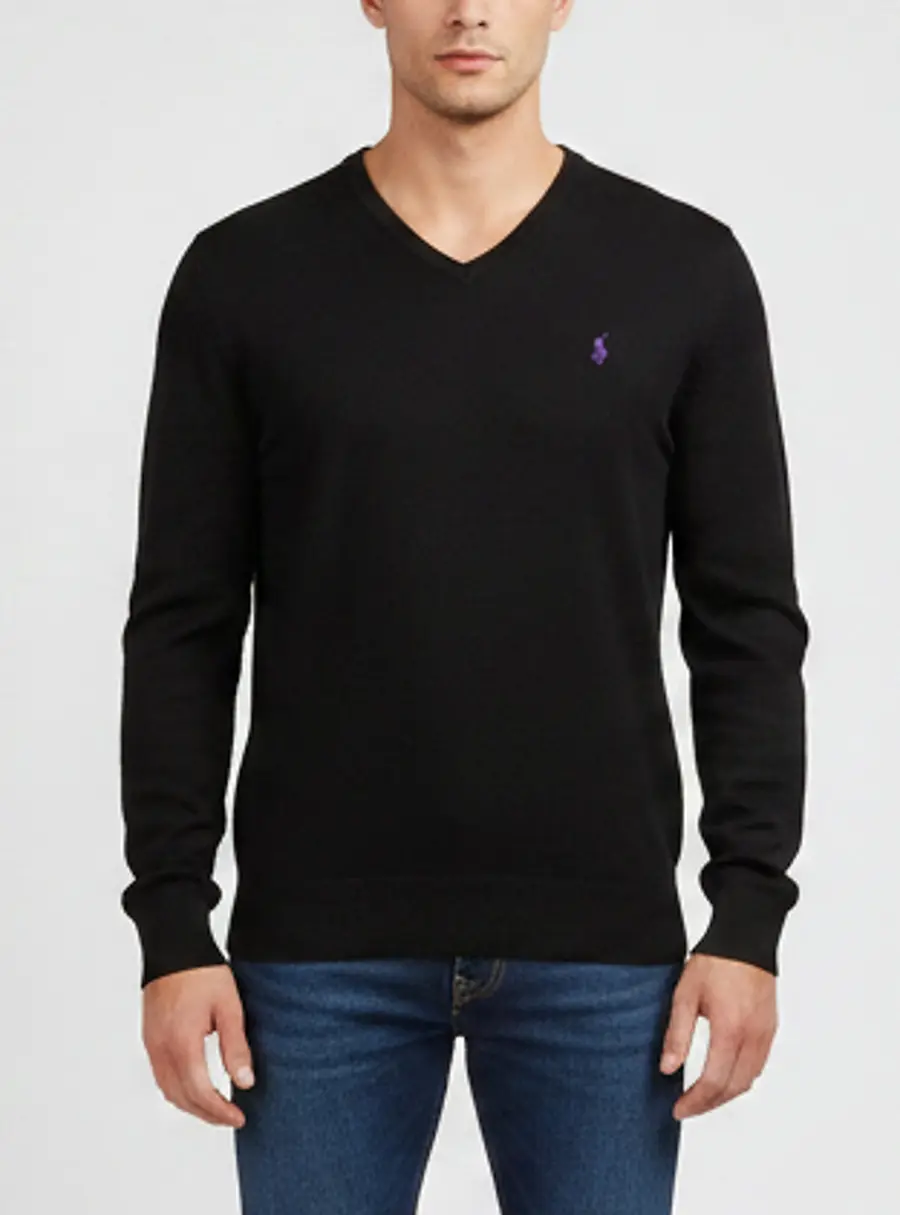 Polo Ralph Lauren Black Logo Embroidered V-Neck Pullover M