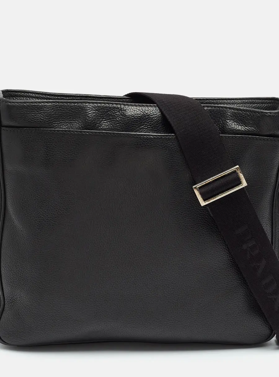 Prada Black Leather Zip Messenger Bag