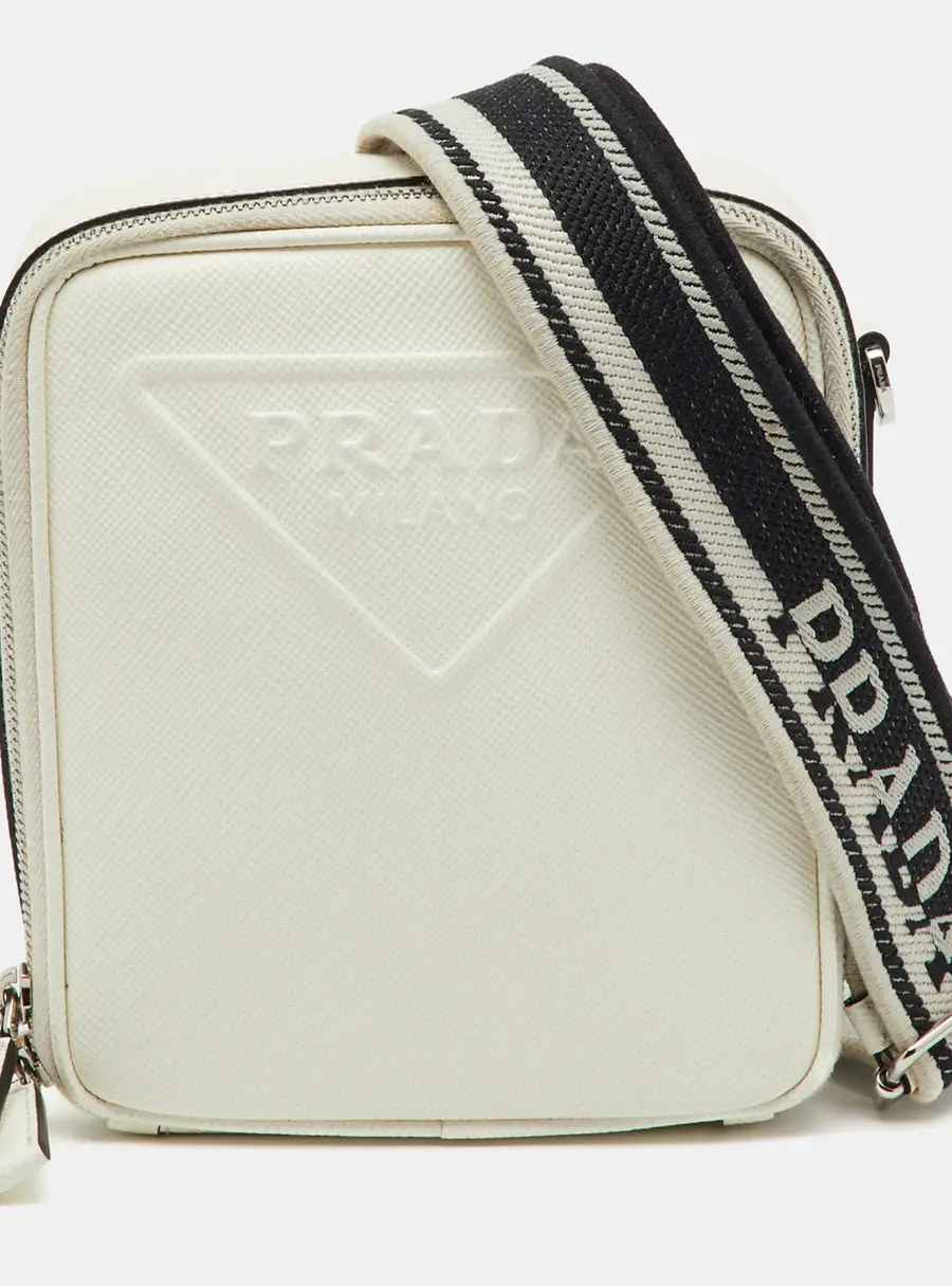 Prada White Leather Logo Embossed Vertical Shape Shoulder Bag