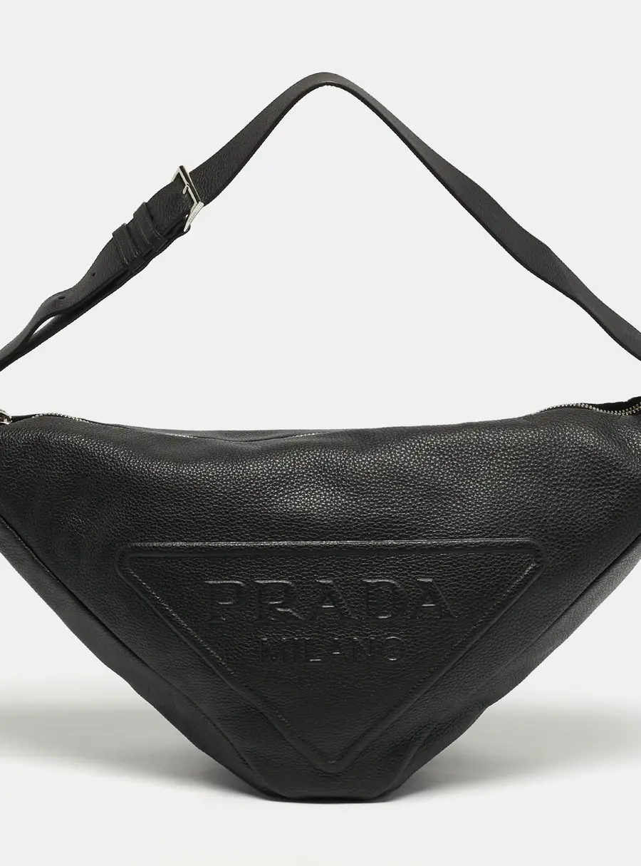Prada Triangle Logo Embossed Black Vitello Dain Leather Bag