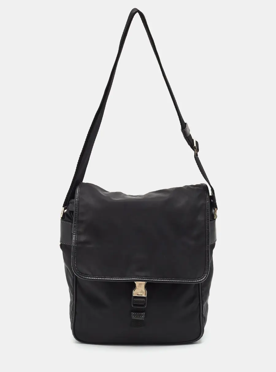 Prada Black Nylon and Saffiano Leather Flap Messenger Bag