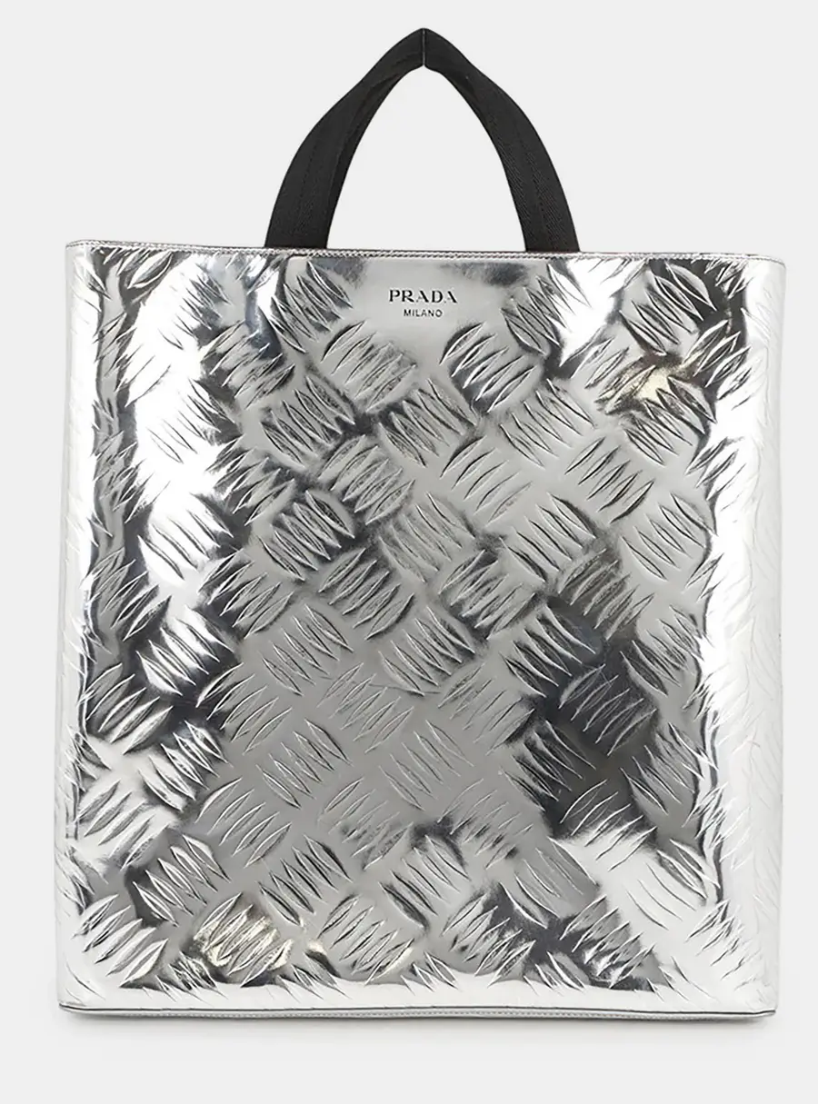 Prada Shopping Bag Silver Brushed Leather Canvas Tote Bag