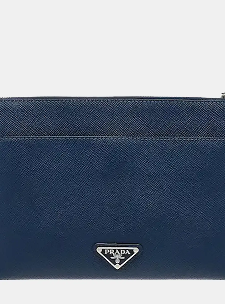 Prada Saffiano Leather Embossed Logo Pouch Blue Saffiano Leather Clutch Bag