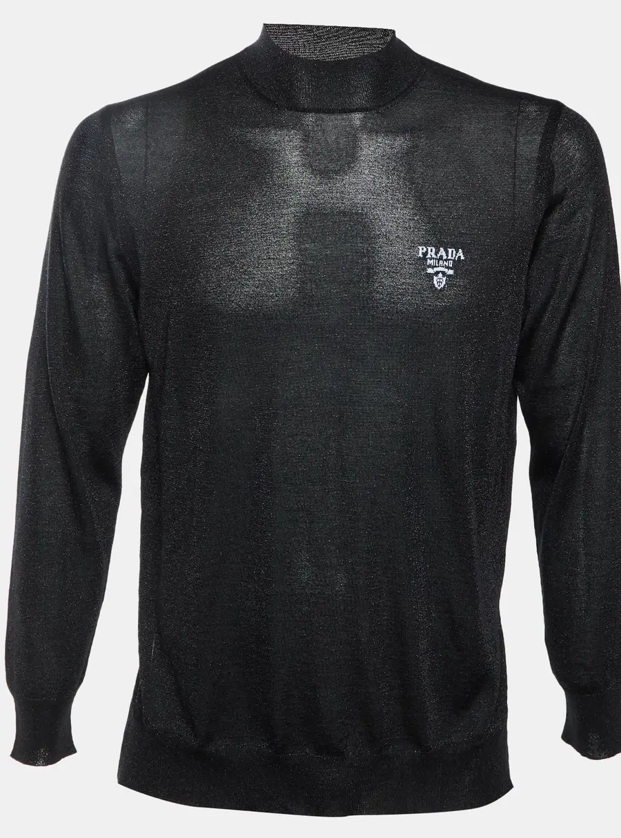 Prada Black Logo Lurex Knit Superfine Turtle Neck Sweater L