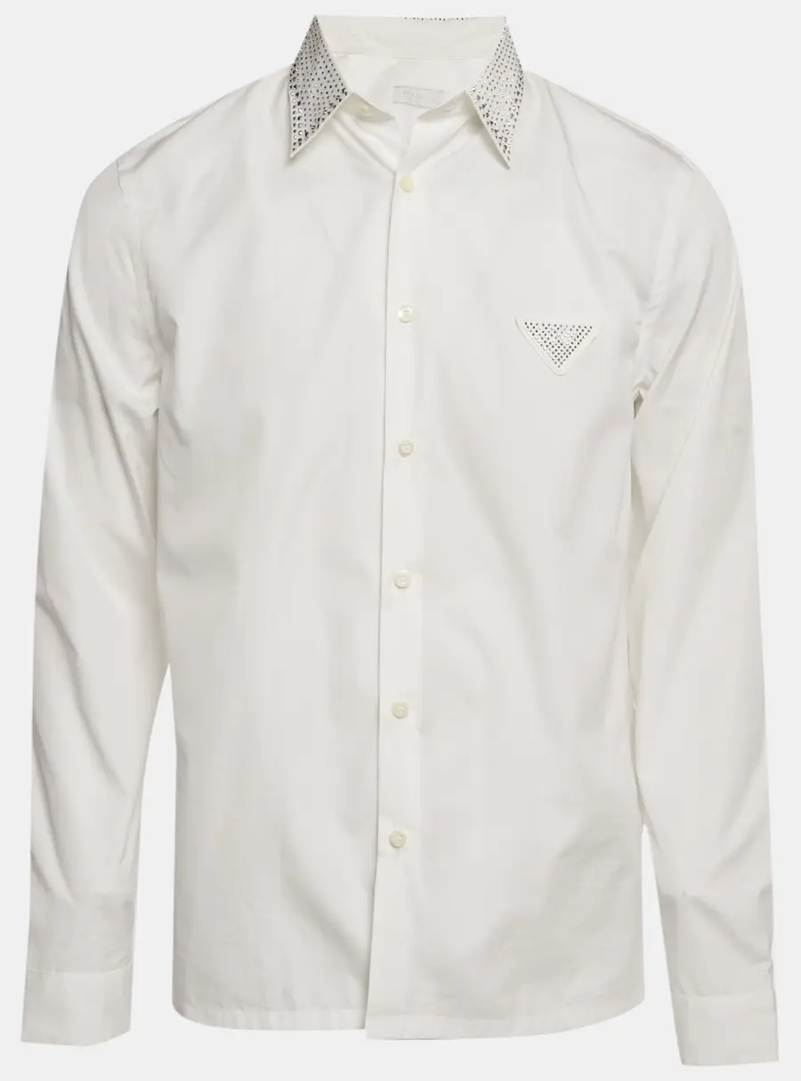 Prada White Rhinestone Detail Cotton Long Sleeve Shirt M